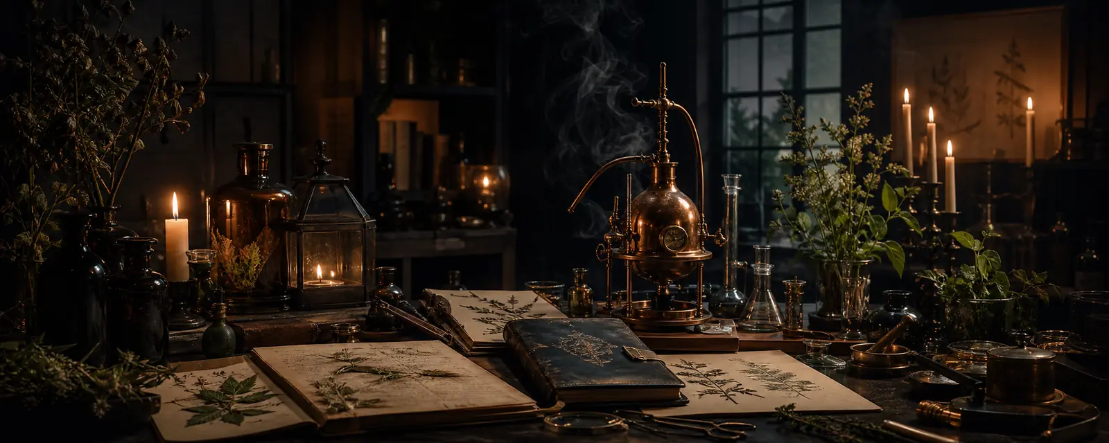 Atmospheric brand imagery of a dark botanical laboratory of glass flasks, copper alembics and candlelight