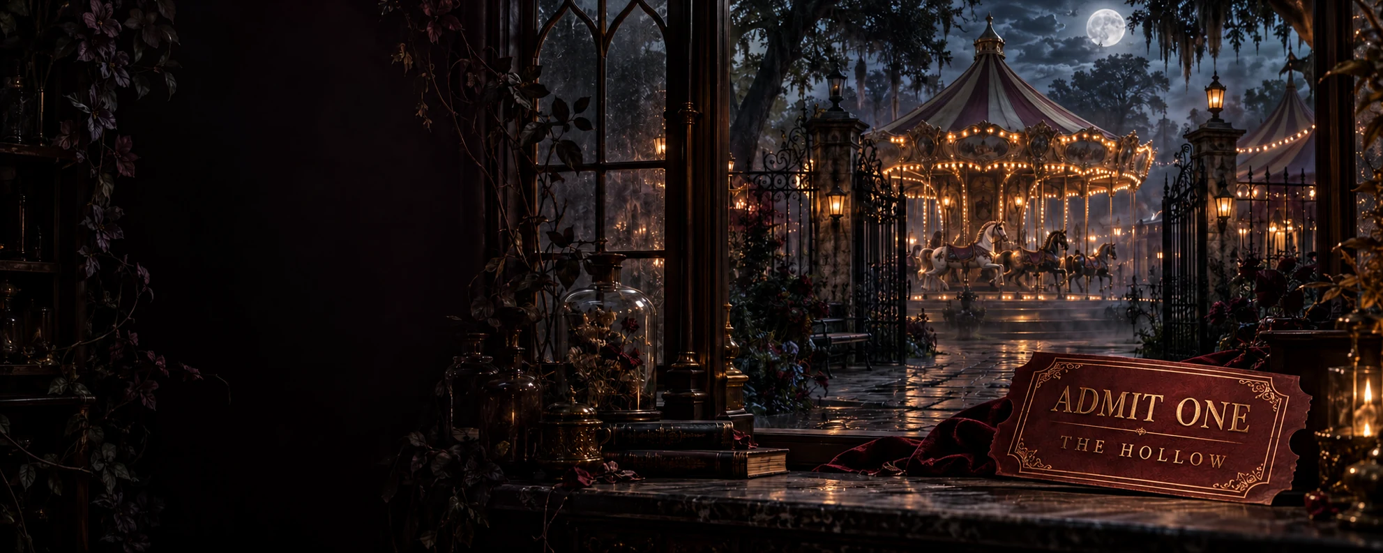 Moonlit carousel and gothic window with a burgundy ticket reading Admit One, The Hollow